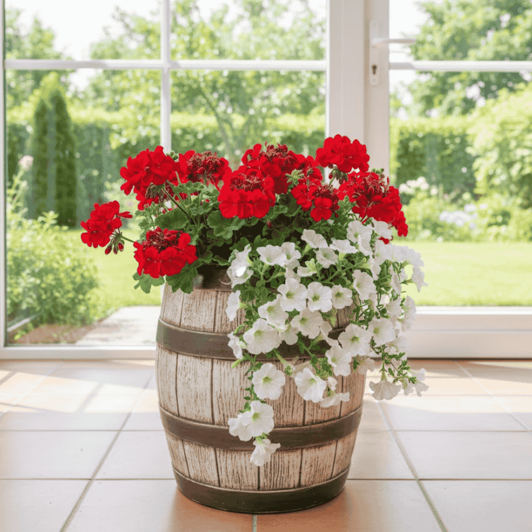 Vysoký keramický sud v letní zahradě